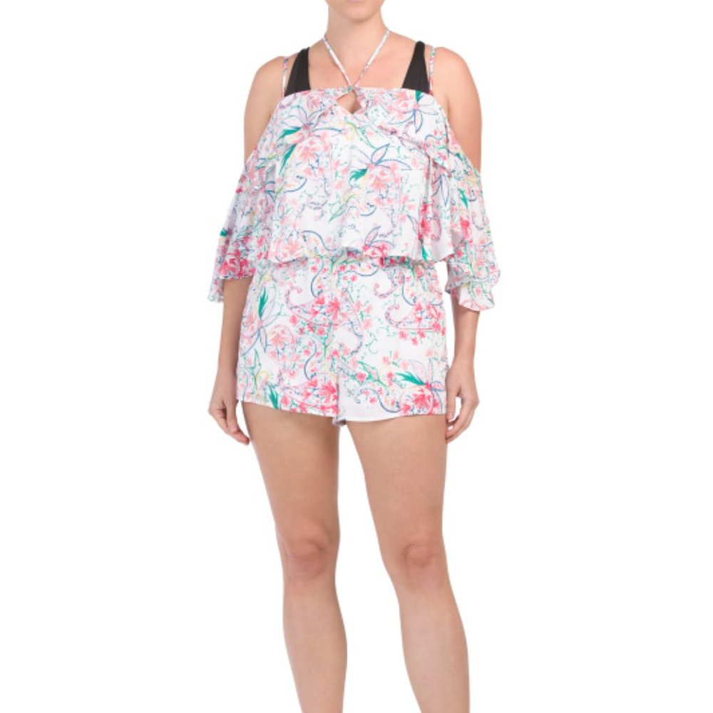 L*SPACE Floral Drawstring Ruffle Romper Cover-up